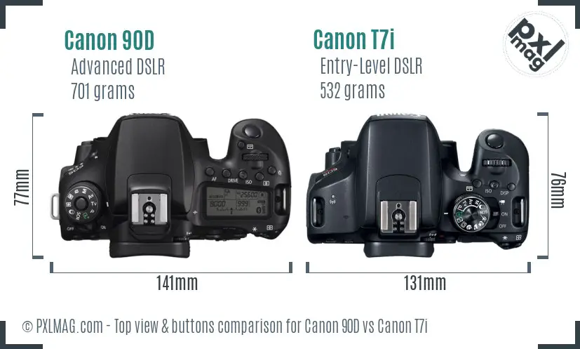 Canon 90D vs Canon T7i top view buttons comparison Canon 90D vs Canon T7i top view buttons comparison