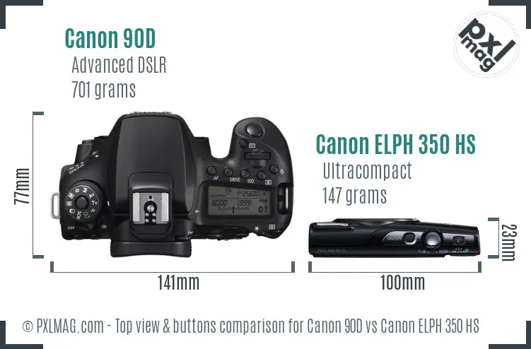 Canon 90D vs Canon ELPH 350 HS top view buttons comparison