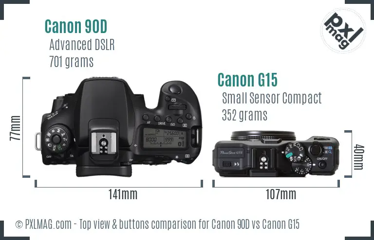Canon 90D vs Canon G15 top view buttons comparison Canon 90D vs Canon G15 top view buttons comparison