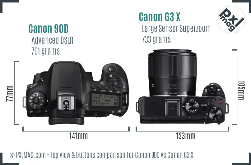 Canon 90D vs Canon G3 X top view buttons comparison Canon 90D vs Canon G3 X top view buttons comparison