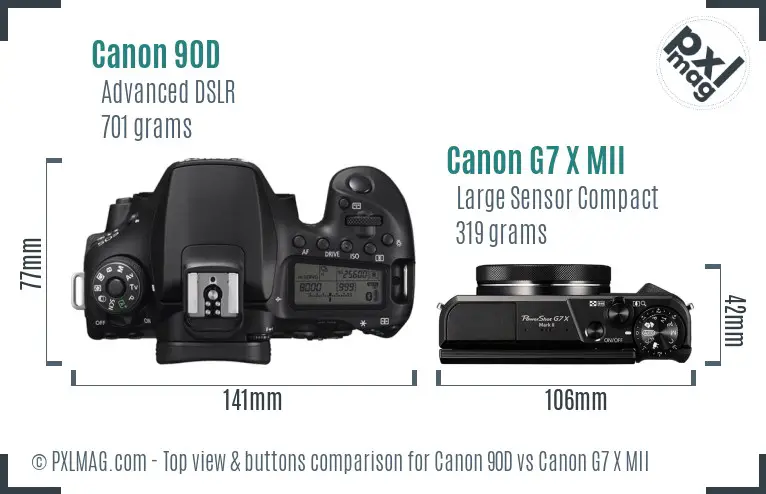 Canon 90D vs Canon G7 X MII top view buttons comparison Canon 90D vs Canon G7 X MII top view buttons comparison