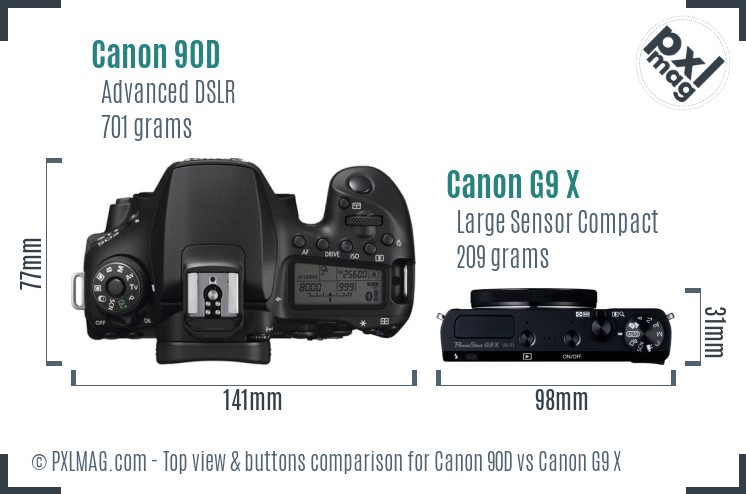 Canon 90D vs Canon G9 X top view buttons comparison