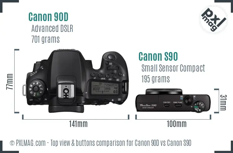 Canon 90D vs Canon S90 top view buttons comparison Canon 90D vs Canon S90 top view buttons comparison