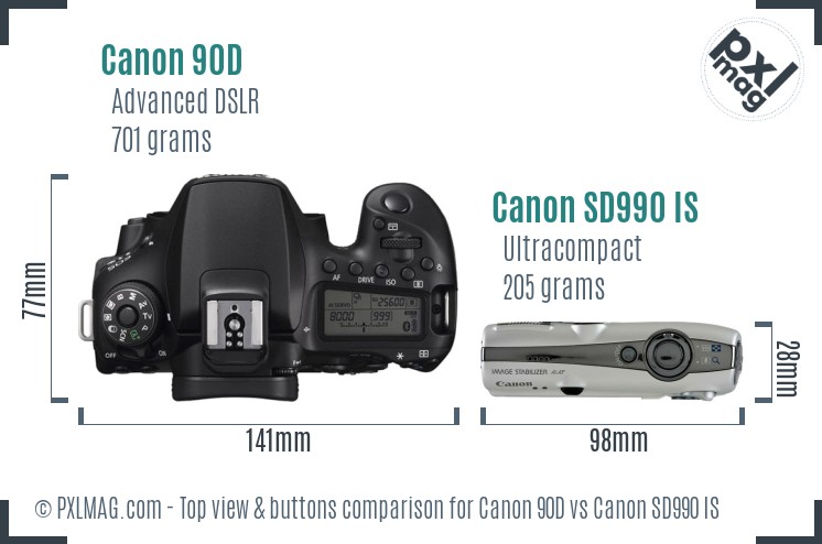 Canon 90D vs Canon SD990 IS top view buttons comparison