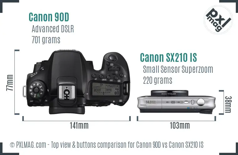 Canon 90D vs Canon SX210 IS top view buttons comparison Canon 90D vs Canon SX210 IS top view buttons comparison
