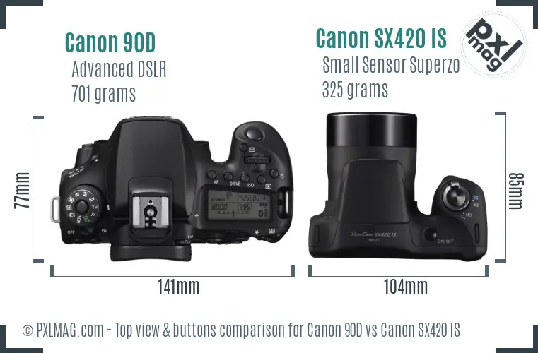 Canon 90D vs Canon SX420 IS top view buttons comparison