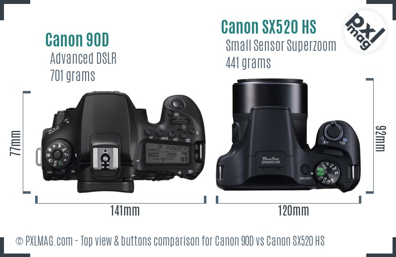 Canon 90D vs Canon SX520 HS top view buttons comparison