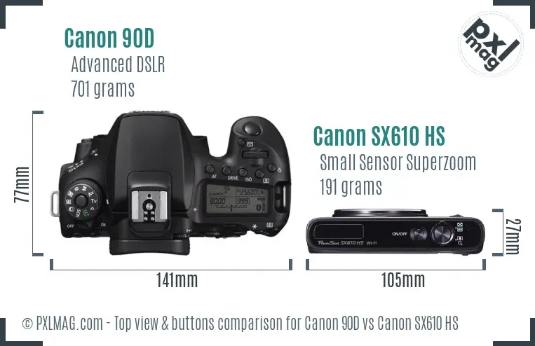 Canon 90D vs Canon SX610 HS top view buttons comparison