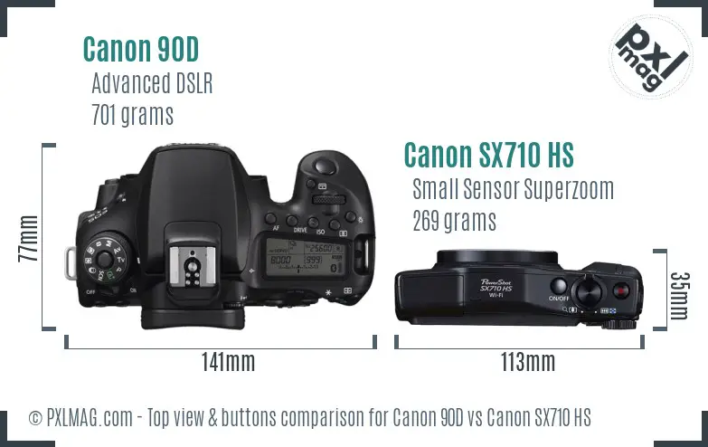 Canon 90D vs Canon SX710 HS top view buttons comparison Canon 90D vs Canon SX710 HS top view buttons comparison