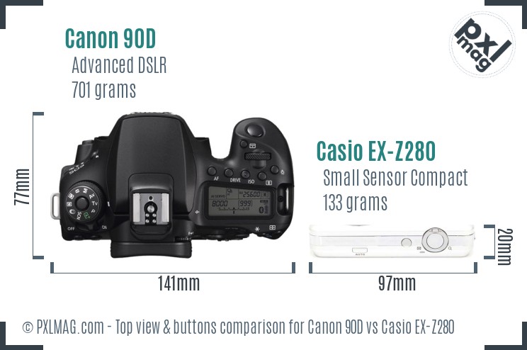 Canon 90D vs Casio EX-Z280 top view buttons comparison