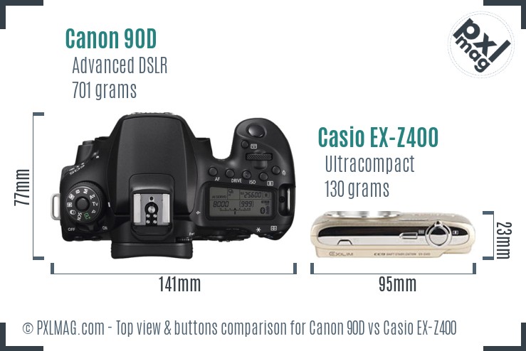 Canon 90D vs Casio EX-Z400 top view buttons comparison
