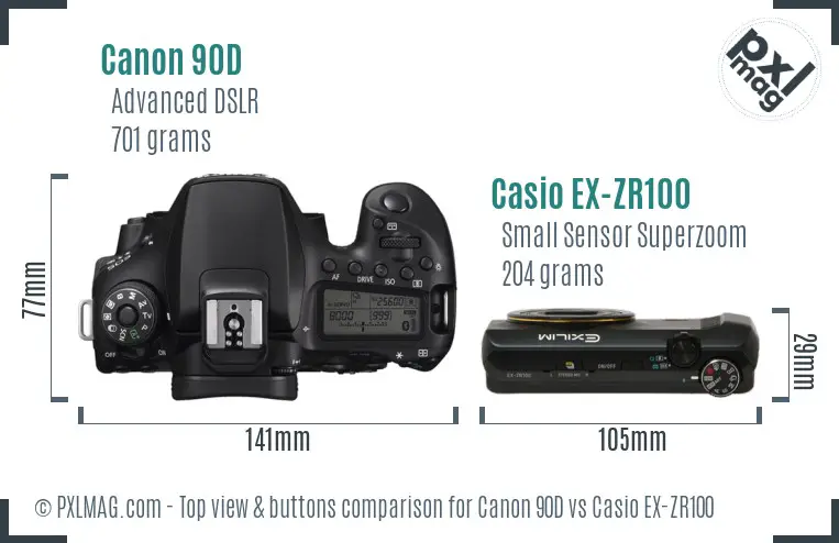 Canon 90D vs Casio EX-ZR100 top view buttons comparison Canon 90D vs Casio EX-ZR100 top view buttons comparison