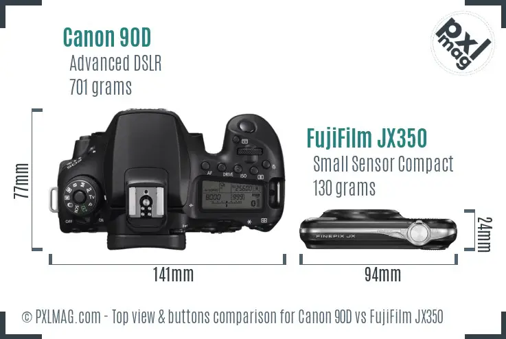 Canon 90D vs FujiFilm JX350 top view buttons comparison Canon 90D vs FujiFilm JX350 top view buttons comparison