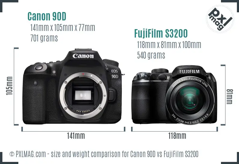 Canon 90D vs FujiFilm S3200 size comparison