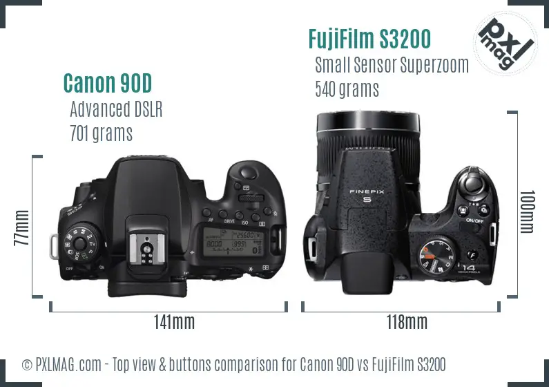Canon 90D vs FujiFilm S3200 top view buttons comparison