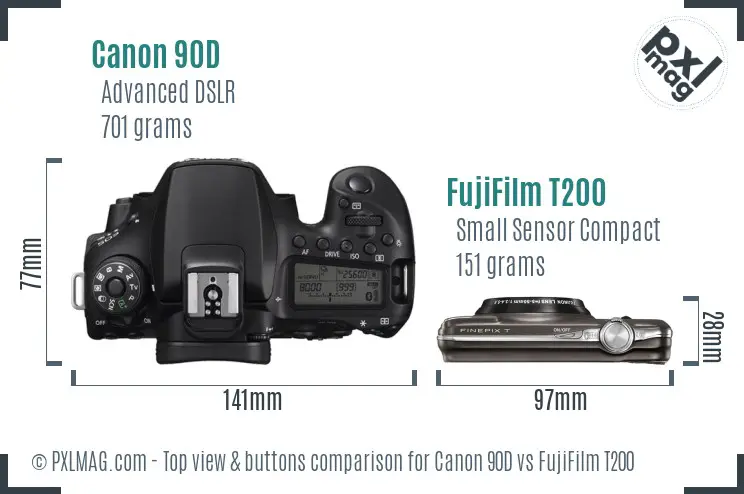 Canon 90D vs FujiFilm T200 top view buttons comparison