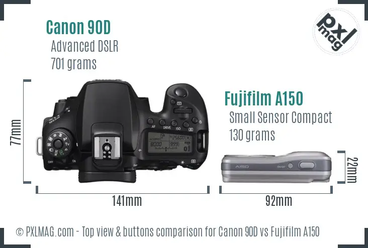 Canon 90D vs Fujifilm A150 top view buttons comparison