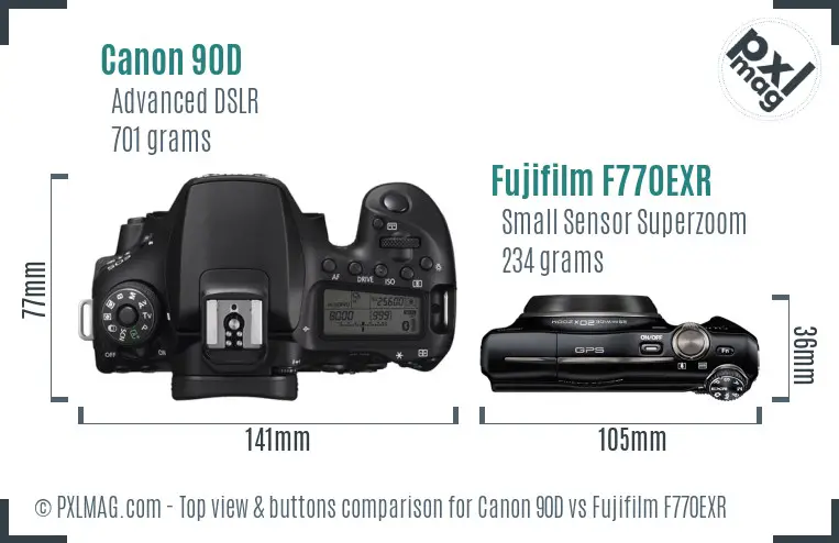 Canon 90D vs Fujifilm F770EXR top view buttons comparison