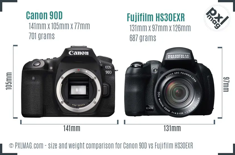 Canon 90D vs Fujifilm HS30EXR size comparison