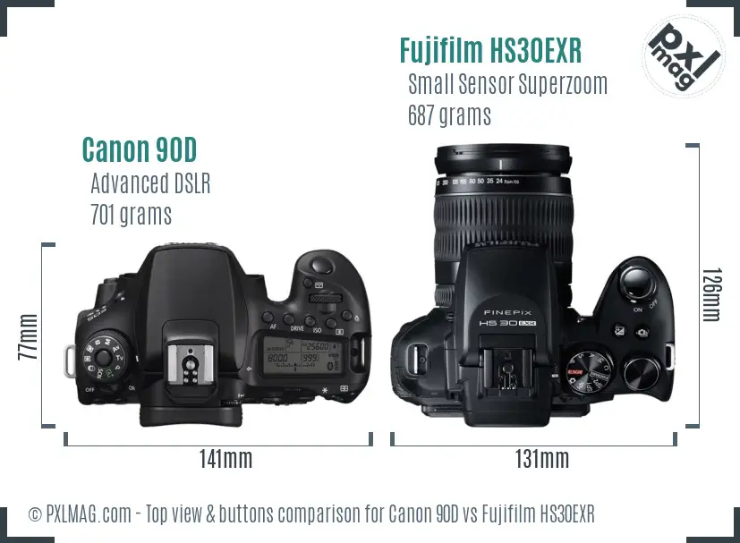 Canon 90D vs Fujifilm HS30EXR top view buttons comparison