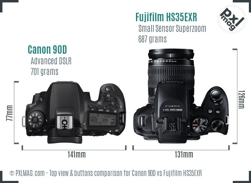Canon 90D vs Fujifilm HS35EXR top view buttons comparison