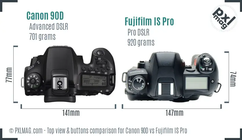 Canon 90D vs Fujifilm IS Pro top view buttons comparison Canon 90D vs Fujifilm IS Pro top view buttons comparison