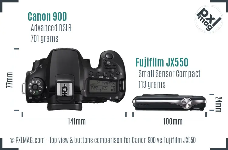 Canon 90D vs Fujifilm JX550 top view buttons comparison