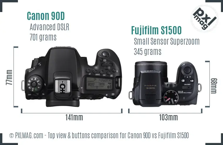 Canon 90D vs Fujifilm S1500 top view buttons comparison Canon 90D vs Fujifilm S1500 top view buttons comparison