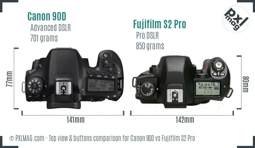 Canon 90D vs Fujifilm S2 Pro top view buttons comparison Canon 90D vs Fujifilm S2 Pro top view buttons comparison