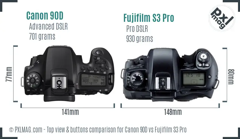 Canon 90D vs Fujifilm S3 Pro top view buttons comparison