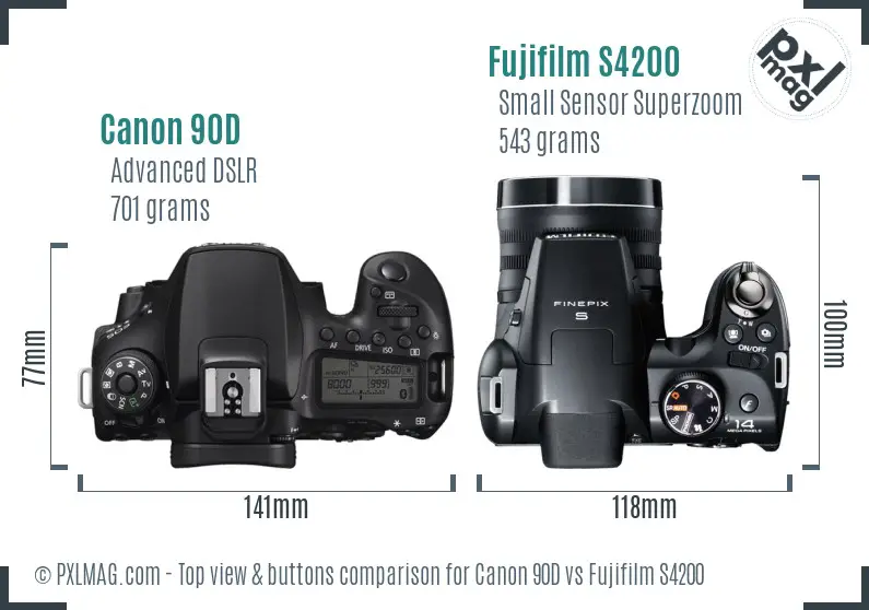 Canon 90D vs Fujifilm S4200 top view buttons comparison