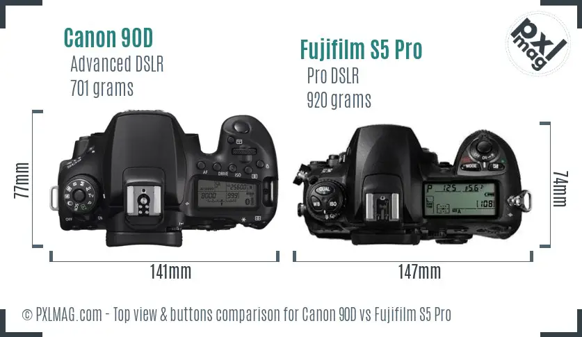Canon 90D vs Fujifilm S5 Pro top view buttons comparison