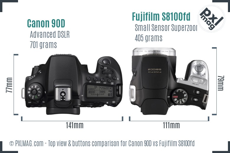 Canon 90D vs Fujifilm S8100fd top view buttons comparison