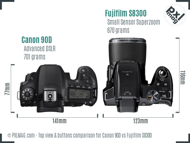 Canon 90D vs Fujifilm S8300 top view buttons comparison