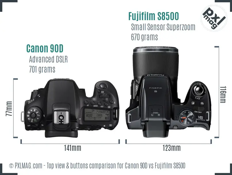Canon 90D vs Fujifilm S8500 top view buttons comparison Canon 90D vs Fujifilm S8500 top view buttons comparison