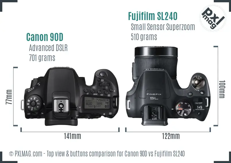 Canon 90D vs Fujifilm SL240 top view buttons comparison Canon 90D vs Fujifilm SL240 top view buttons comparison