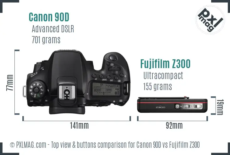 Canon 90D vs Fujifilm Z300 top view buttons comparison Canon 90D vs Fujifilm Z300 top view buttons comparison