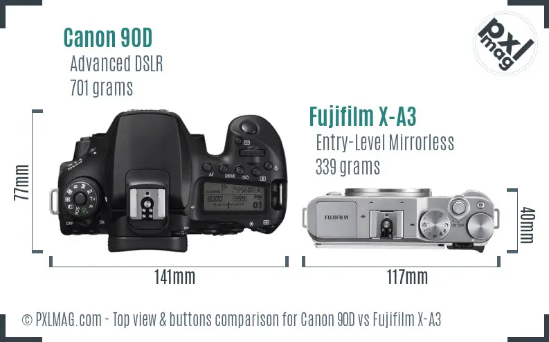 Canon 90D vs Fujifilm X-A3 top view buttons comparison Canon 90D vs Fujifilm X-A3 top view buttons comparison
