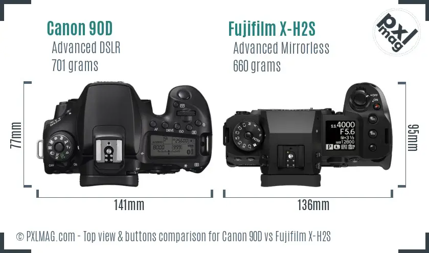 Canon 90D vs Fujifilm X-H2S top view buttons comparison