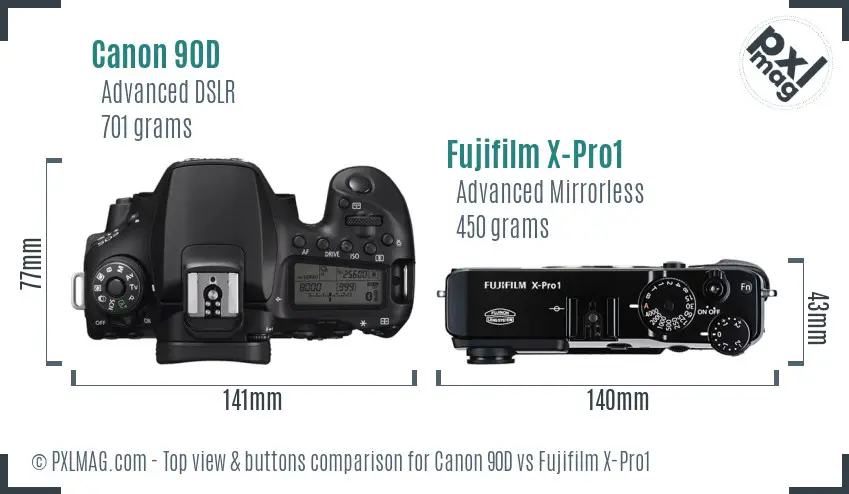 Canon 90D vs Fujifilm X-Pro1 top view buttons comparison