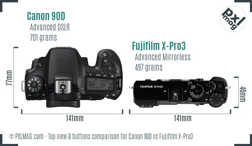 Canon 90D vs Fujifilm X-Pro3 top view buttons comparison Canon 90D vs Fujifilm X-Pro3 top view buttons comparison