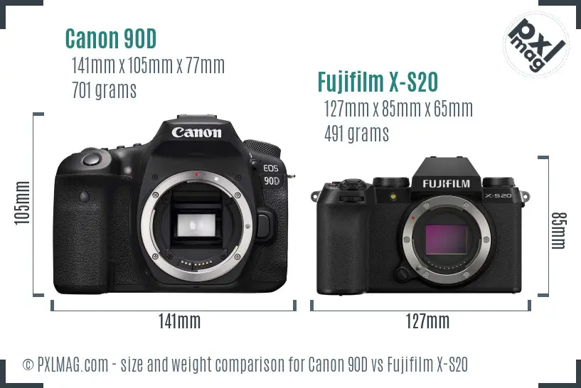 Canon 90D vs Fujifilm X-S20 size comparison Canon 90D vs Fujifilm X-S20 size comparison