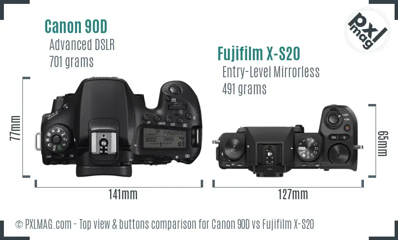 Canon 90D vs Fujifilm X-S20 top view buttons comparison Canon 90D vs Fujifilm X-S20 top view buttons comparison