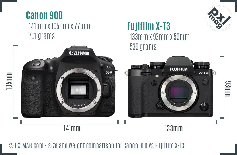 Canon 90D vs Fujifilm X-T3 size comparison Canon 90D vs Fujifilm X-T3 size comparison