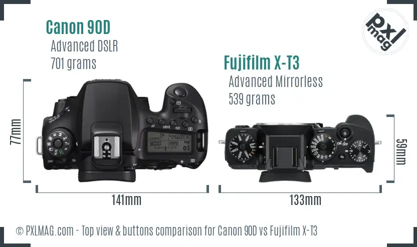 Canon 90D vs Fujifilm X-T3 top view buttons comparison Canon 90D vs Fujifilm X-T3 top view buttons comparison