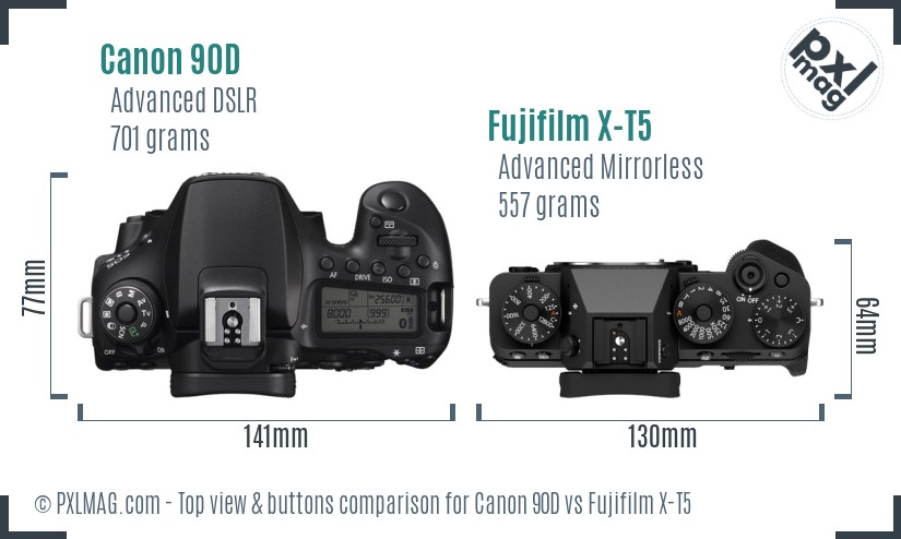 Canon 90D vs Fujifilm X-T5 top view buttons comparison