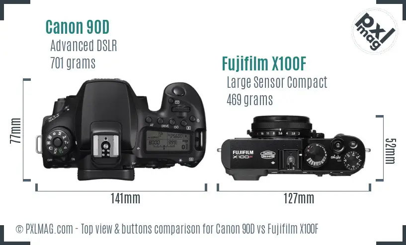 Top view design and control layout comparison between Canon 90D and Fujifilm X100F