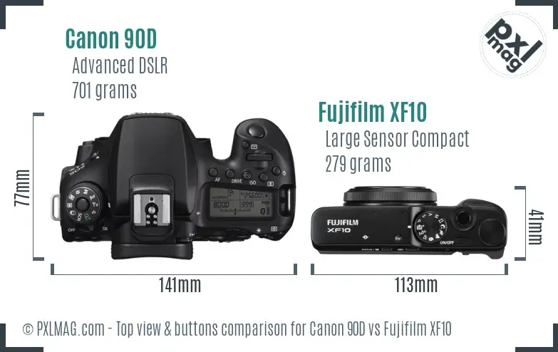 Canon 90D vs Fujifilm XF10 top view buttons comparison Canon 90D vs Fujifilm XF10 top view buttons comparison