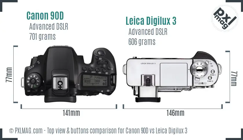 Canon 90D vs Leica Digilux 3 top view buttons comparison
