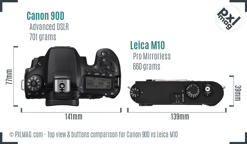 Canon 90D vs Leica M10 top view buttons comparison